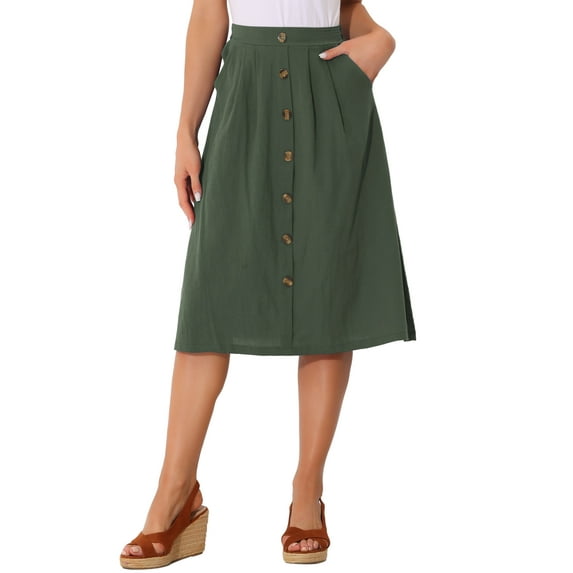 INSPIRE CHIC Midi Skirts for Women Casual High Elastic Waist Button Pleated a Line Skirts Dress with Pockets M Army Green