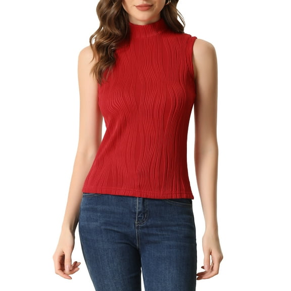 INSPIRE CHIC Mock Neck Tank Top for Women's Stand Collar Sleeveless Ribbed Knit Tops S Red