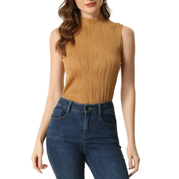 INSPIRE CHIC Mock Neck Tank Top for Women's Stand Collar Sleeveless Ribbed Knit Tops XS Brown