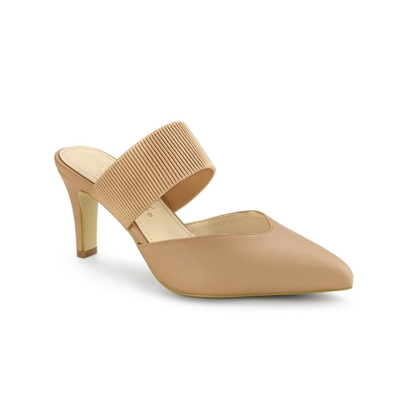 BLISSFUL STEP Women's Pointed Toe Elastic Strap Stiletto Heelsed Mules Nude 9