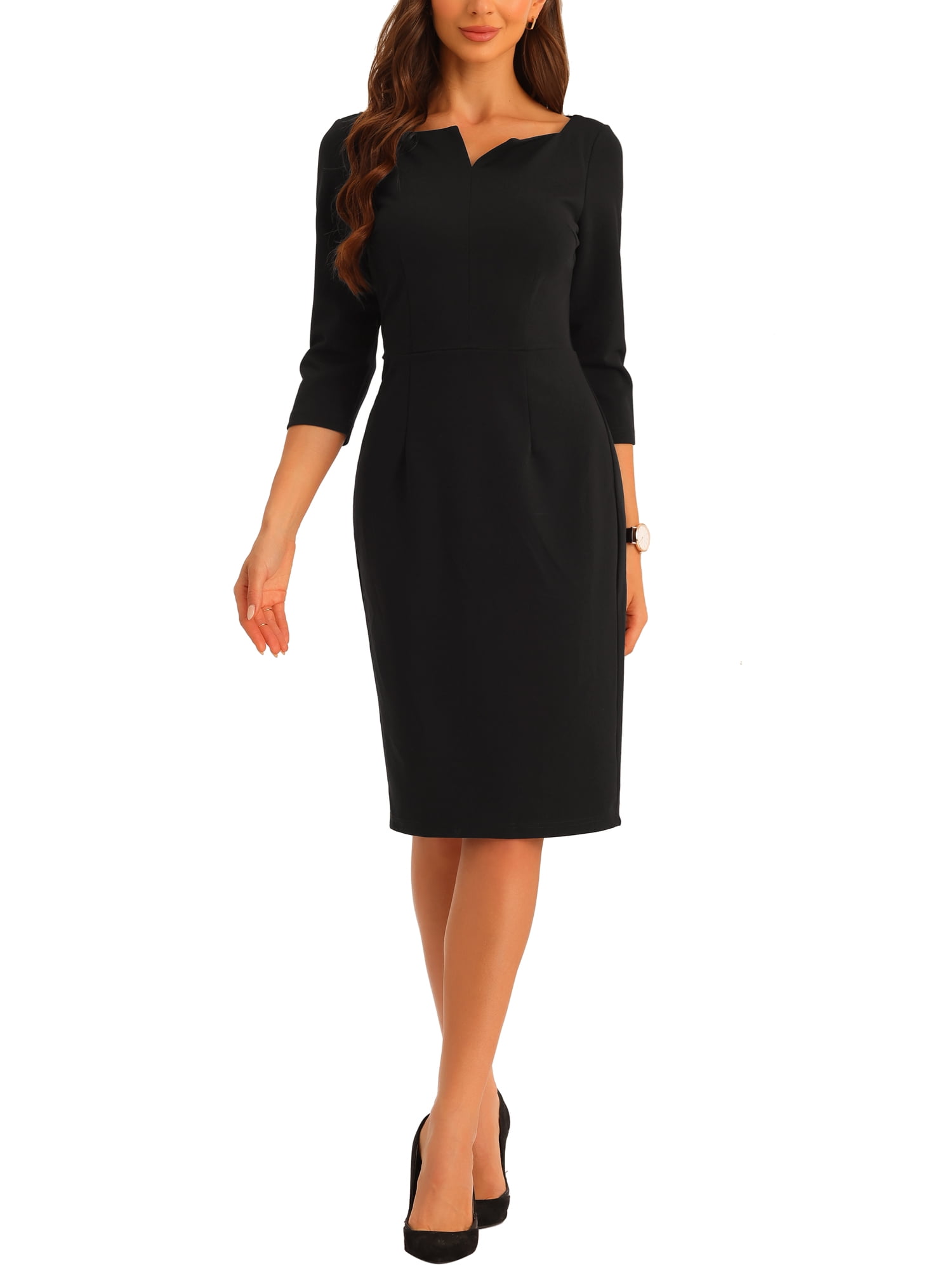 Allegra K Notch V Neck Dress for Women 3/4 Sleeve Work Office Business ...