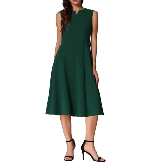 INSPIRE CHIC Notch V Neck Dresses for Women Elegant Work Office A-Line Dress with Pockets L Dark Green