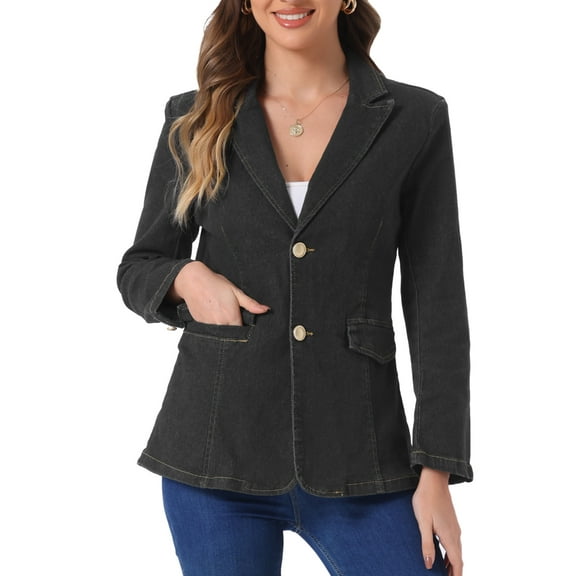 INSPIRE CHIC Women's Denim Blazer Notched Lapel Single Breasted Shoulder Pad Work Jackets L Black