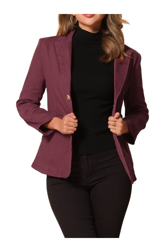 Women's Denim Blazer Notched Lapel Single Breasted Shoulder Pad Work Jackets L Burgundy