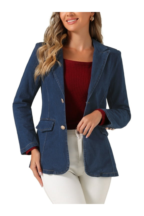Women's Denim Blazer Notched Lapel Single Breasted Shoulder Pad Work Jackets L Dark Blue