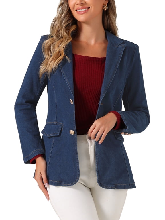 Women's Denim Blazer Notched Lapel Single Breasted Shoulder Pad Work Jackets L Dark Blue