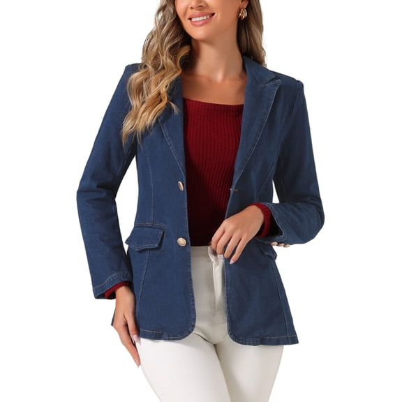 INSPIRE CHIC Women's Denim Blazer Notched Lapel Single Breasted Shoulder Pad Work Jackets S Dark Blue