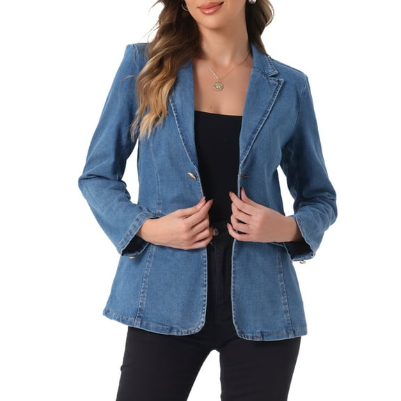 INSPIRE CHIC Women's Denim Blazer Notched Lapel Single Breasted Shoulder Pad Work Jackets XS Light Blue