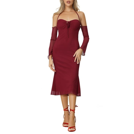 INSPIRE CHIC Off Shoulder Bodycon Dress for Women's Mesh Sleeves Mermaid Hem Dresses XS Red