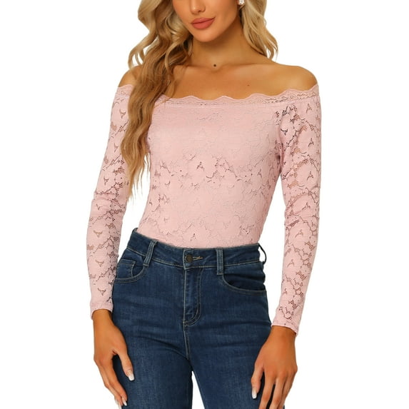 INSPIRE CHIC Women's Floral Lace Top Off Shoulder Sheer Long Sleeves Blouse M Pink