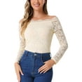 thumbnail image 1 of INSPIRE CHIC Edition Women's Floral Lace Top Off Shoulder Sheer Long Sleeves Blouse S Beige, 1 of 3