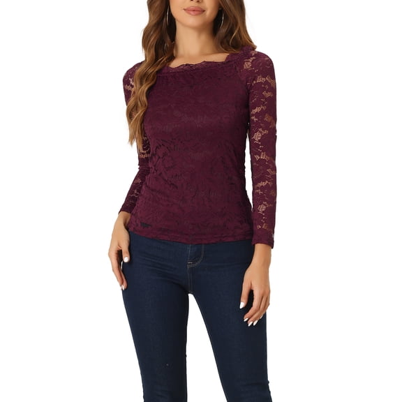 INSPIRE CHIC Women's Floral Lace Top Off Shoulder Sheer Long Sleeves Blouse S Burgundy