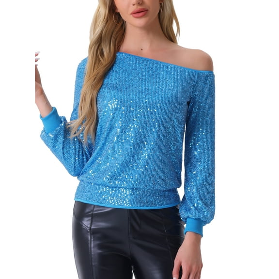 INSPIRE CHIC Off Shoulder Sequins Tops for Women's Long Sleeves Disco Party Sparkle Glitter Top L Blue