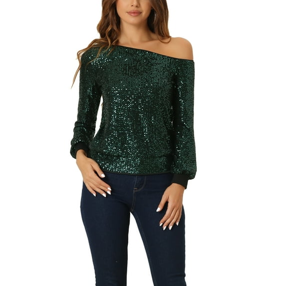 INSPIRE CHIC Off Shoulder Sequins Tops for Women's Long Sleeves Disco Party Sparkle Glitter Top L Green