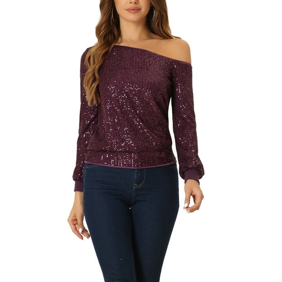INSPIRE CHIC Off Shoulder Sequins Tops for Women's Long Sleeves Disco Party Sparkle Glitter Top L Purple