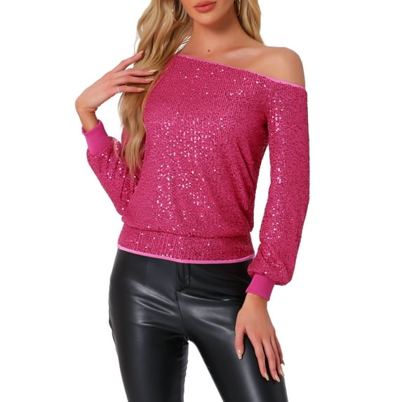 INSPIRE CHIC Off Shoulder Sequins Tops for Women's Long Sleeves Disco Party Sparkle Glitter Top XL Hot Pink