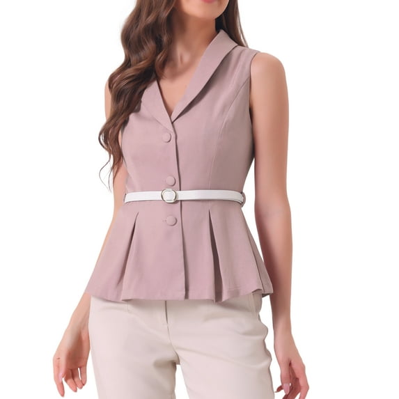 INSPIRE CHIC Office Blazer Vest for Women's Lapel Collar Button Down Belted Sleeveless Jacket