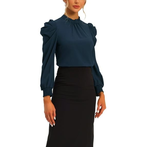 INSPIRE CHIC Office Blouses for Women's Elegant Stand Collar Long Sleeve Shirt Top Dark Blue M