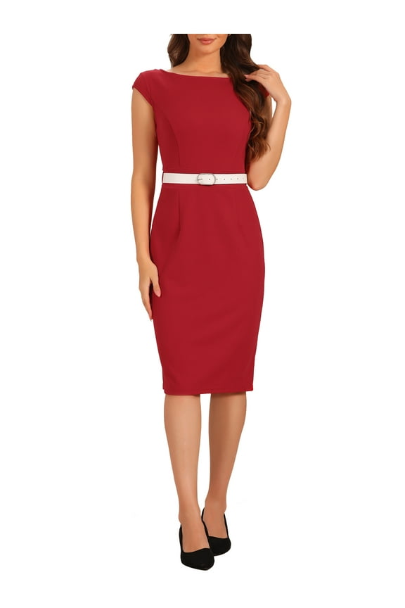 Office Dress for Women's Cap Sleeve Work Belted Elegant Sheath Dress XL Red