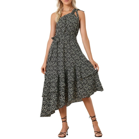 INSPIRE CHIC One Shoulder Tie Floral Dresses for Women's Sleeveless Layered Midi Dress Black XS