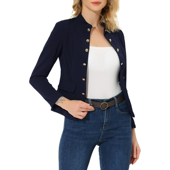 INSPIRE CHIC Open Front Blazers for Women's Casual Long Sleeves Buttons Office Suit Jacket XS Navy Blue