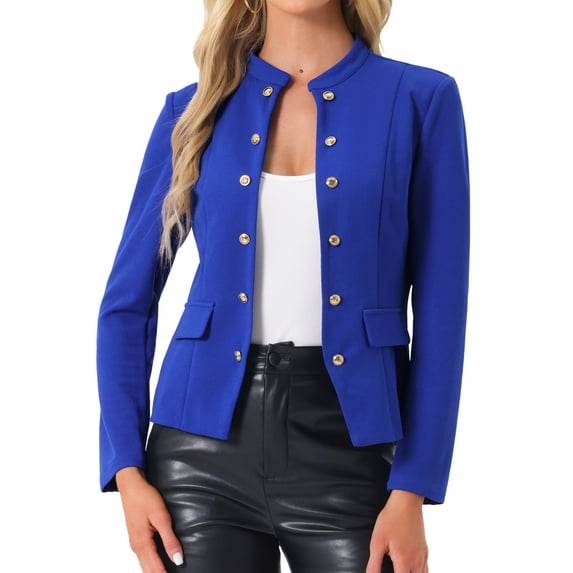 INSPIRE CHIC Open Front Blazers for Women's Casual Long Sleeves Buttons Office Suit Jacket XS Royal Blue
