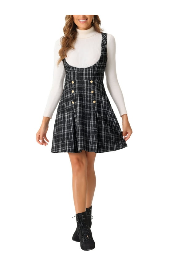 Women's Dress Pinafore Overall U Neck Tweed Plaid A-Line Dress M Black