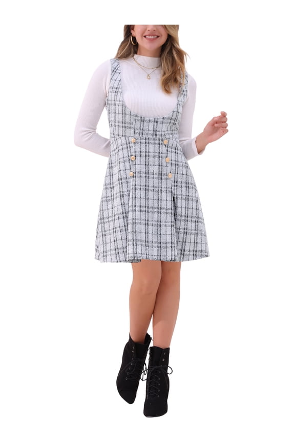 Women's Dress Pinafore Overall U Neck Tweed Plaid A-Line Dress XL White