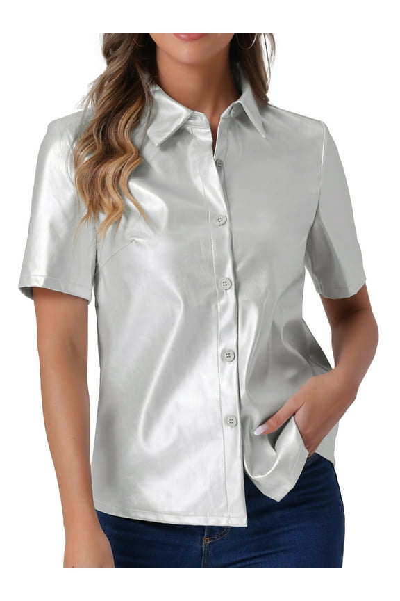 PU Leather Button Down Shirt for Women's Short Sleeve Collar Blouse Jacket Party Club Top XS Silver