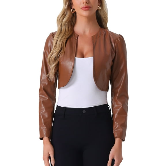 INSPIRE CHIC PU Leather Crop Jackets for Women's Open Front Long Sleeve Jacket M Brown
