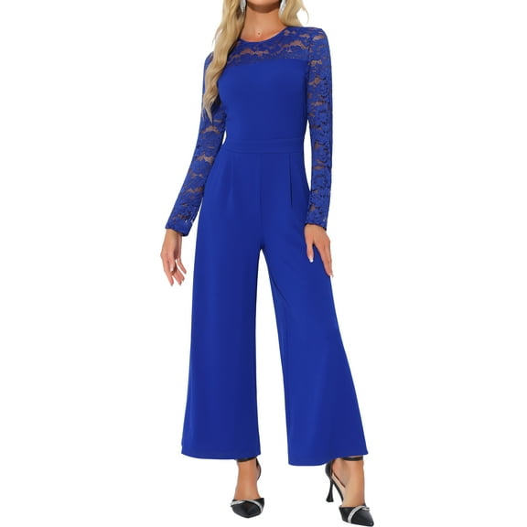 INSPIRE CHIC Party Jumpsuits for Women's Elegant Crew Neck Mesh Lace Sleeve Loose Wide Leg Romper L Royal Blue
