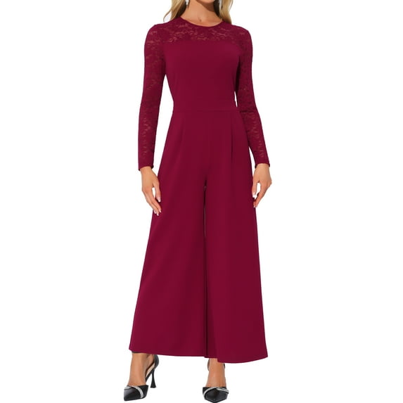 INSPIRE CHIC Party Jumpsuits for Women's Elegant Crew Neck Mesh Lace Sleeve Loose Wide Leg Romper S Burgundy