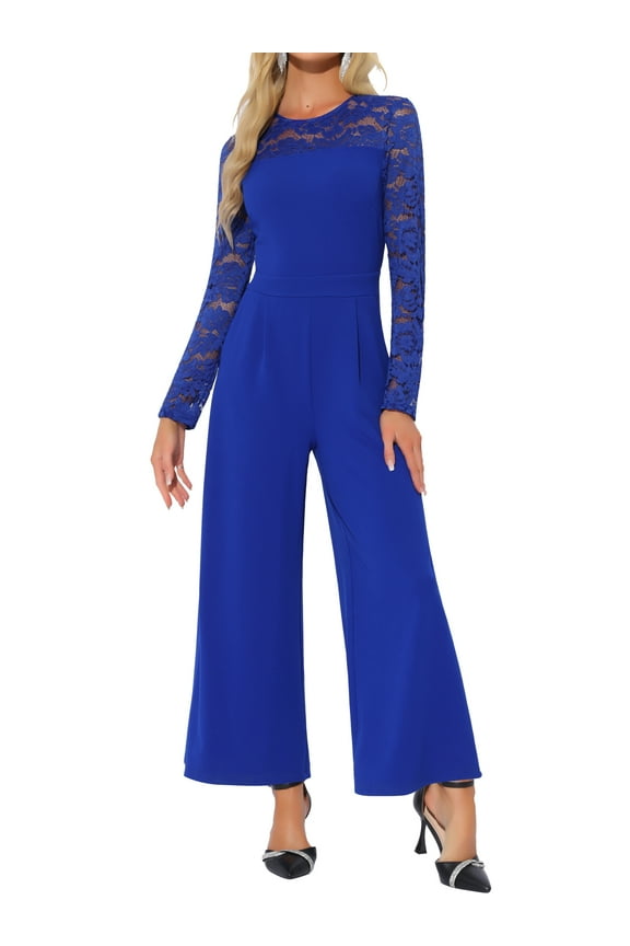 Party Jumpsuits for Women's Elegant Crew Neck Mesh Lace Sleeve Loose Wide Leg Romper S Royal Blue