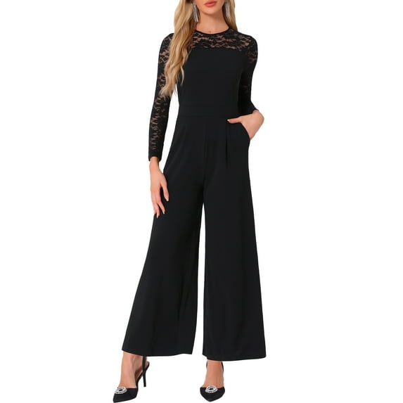 INSPIRE CHIC Party Jumpsuits for Women's Elegant Crew Neck Mesh Lace Sleeve Loose Wide Leg Romper
