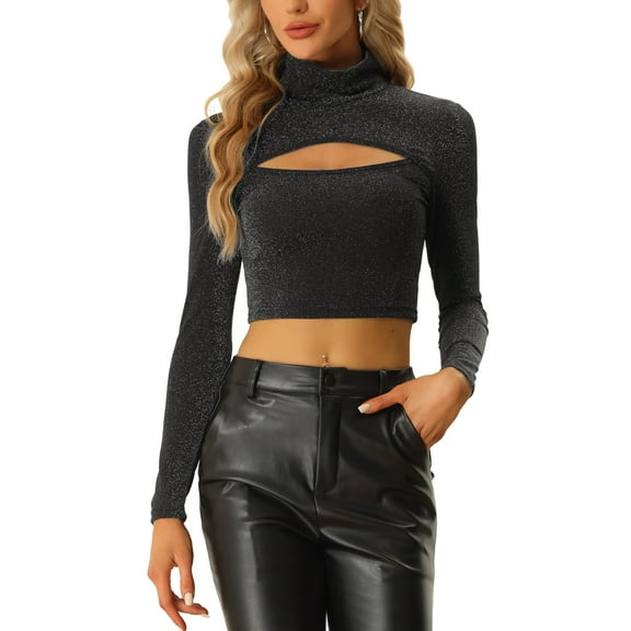 INSPIRE CHIC Party Tee for Women's Long Sleeve Slim Fit Mock Neck Cutout Crop Tops XS Black