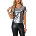 thumbnail image 1 of INSPIRE CHIC Women's Top Party V Neck Short Sleeve Glitter Shiny Metallic Top XL Dark Silver, 1 of 6