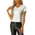 thumbnail image 1 of INSPIRE CHIC Women's Top Party V Neck Short Sleeve Glitter Shiny Metallic Top XS Silver, 1 of 6
