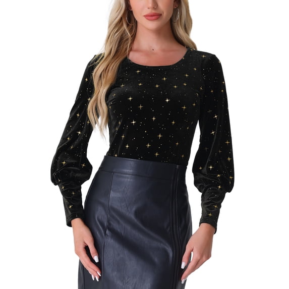 INSPIRE CHIC Party Velvet Tops for Women's Round Neck Lantern Long Sleeve Metallic Stars Blouse Top S Black