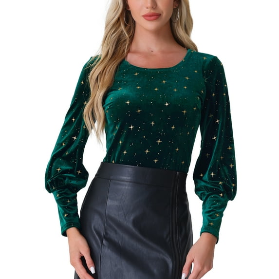 INSPIRE CHIC Party Velvet Tops for Women's Round Neck Lantern Long Sleeve Metallic Stars Blouse Top XL Dark Green