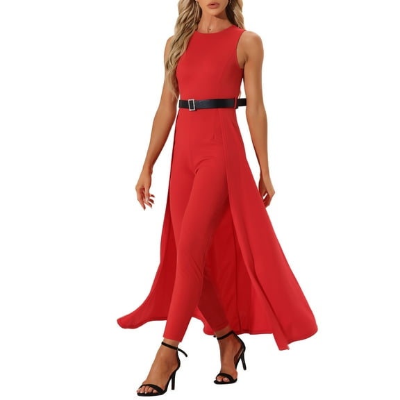 INSPIRE CHIC Patchwork Overlay Jumpsuit for Women's Sleeveless Belted High-Waist Rompers Red XS