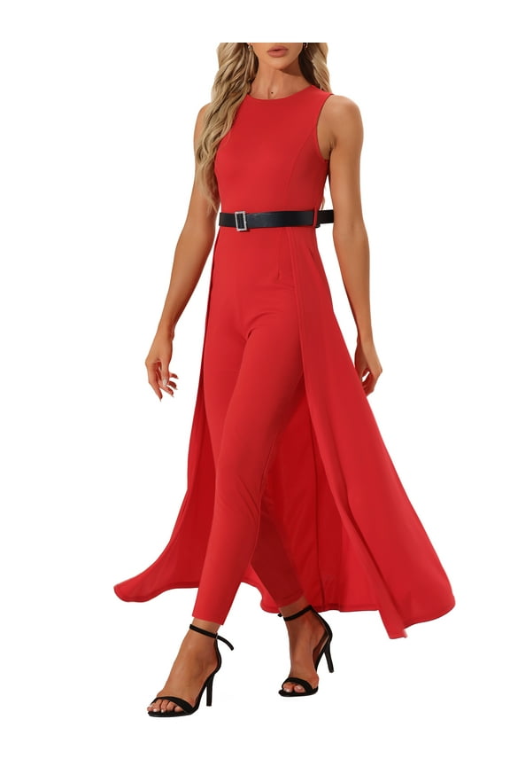 Patchwork Overlay Jumpsuit for Women's Sleeveless Belted High-Waist Rompers Red XL