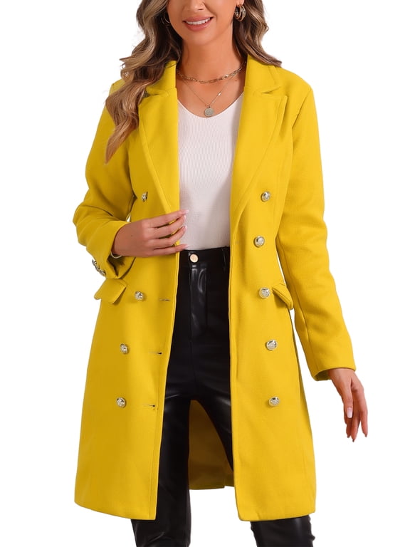 Pea Coat for Women's Notched Lapel Double Breasted Mid Long Winter Warm Coats