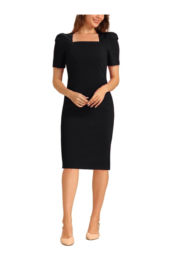 Pencil Dress for Women Puff Sleeve Rear Slit Business Casual Square Neck Dresses XS Black