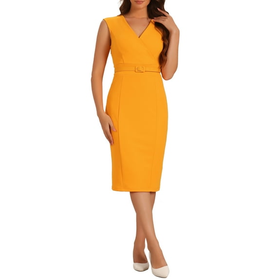 INSPIRE CHIC Women's Sheath Dress Sleeveless V Neck Wear-to-Work Belt Pencil Dresses S Bright Orange