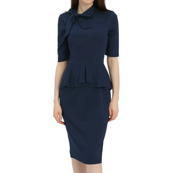 INSPIRE CHIC Peplum Dress for Women's Round Neck Bow Ruffle Business Pencil Wear-to-Work Midi Dress Dark Blue M