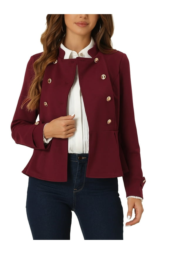 Peplum Steampunk Jacket for Women's Stand Collar Double Breasted Casual Office Blazer S Burgundy
