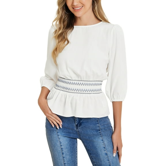 INSPIRE CHIC Women's Peplum Tops Puff Half Sleeve Smocked Waist Blouse M Beige