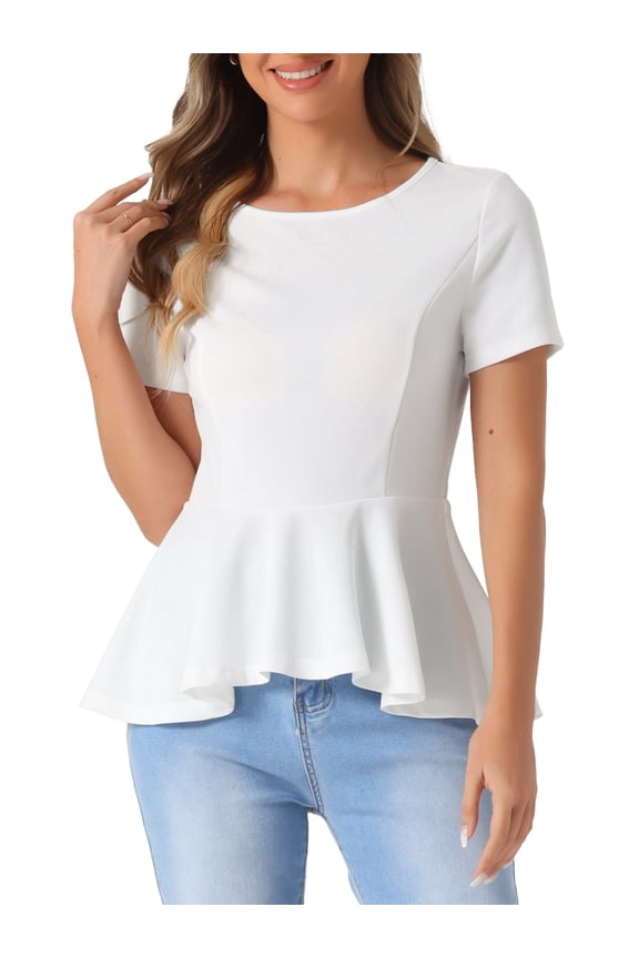 Women's Peplum Top Short Sleeve Round Neck Spring Summer Stretch Blouse M White