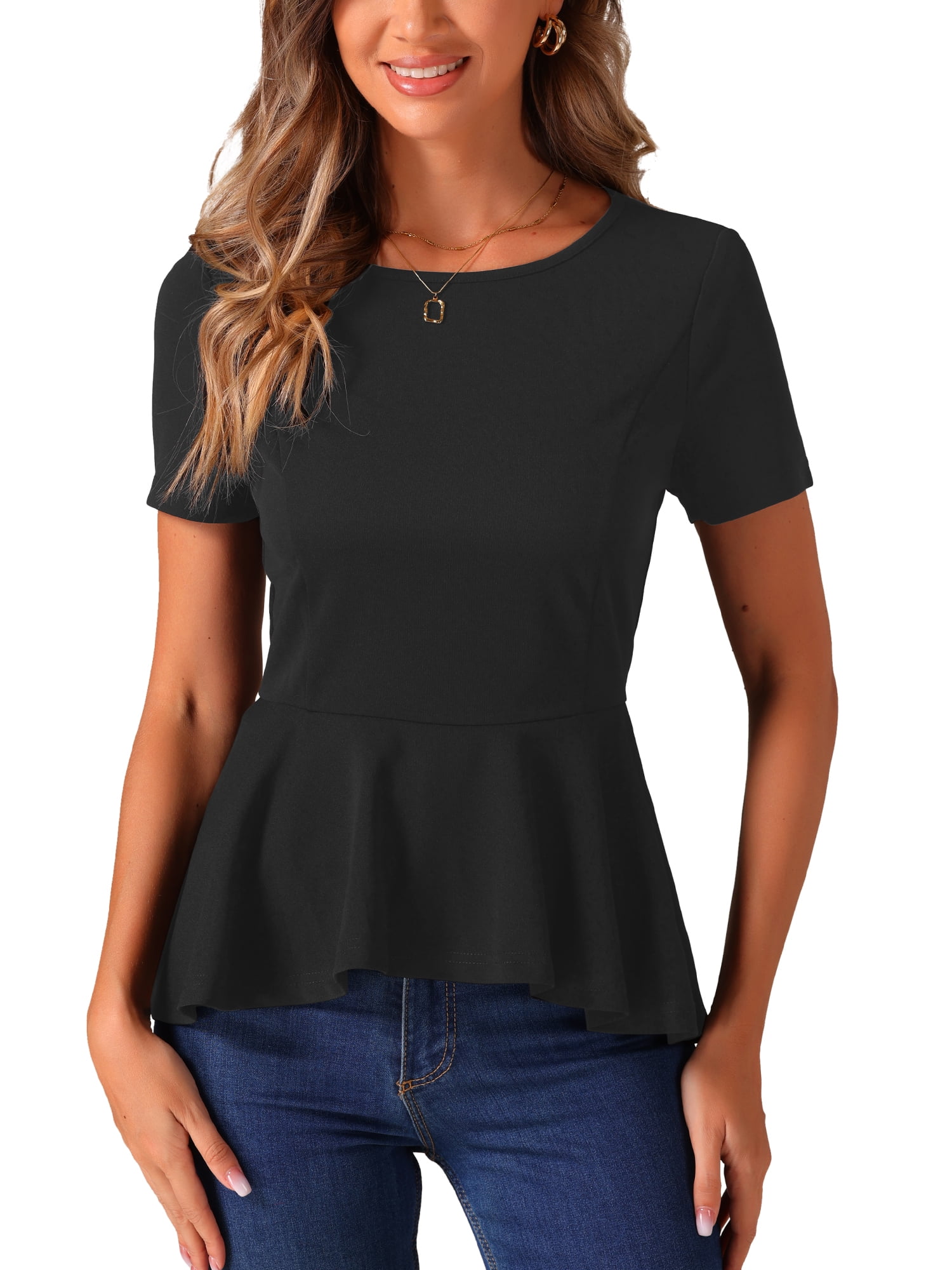 ESTELLE Womens Black Polka Dot Bell Sleeve Round Neck Wear To Work Peplum Top main image 1