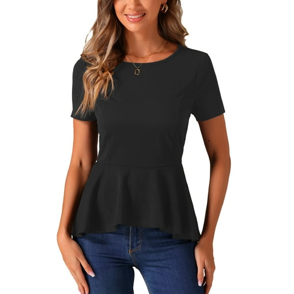 INSPIRE CHIC Women's Peplum Top Short Sleeve Round Neck Stretch Classic Blouse XL Black